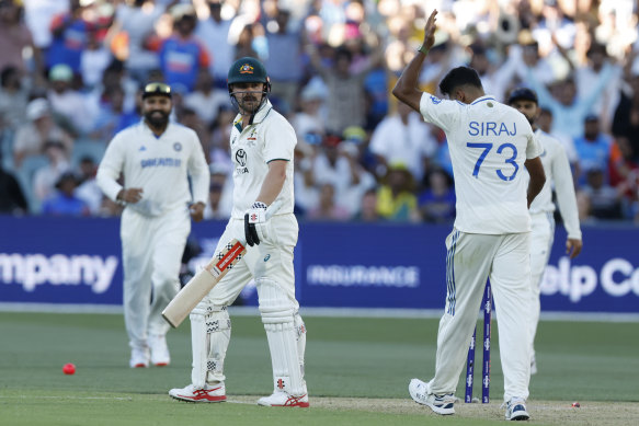 Get off: Mohammed Siraj had stern words with Travis Head after the latter was dismissed.