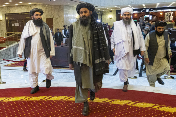 Taliban co-founder Abdul Ghani Baradar, centre, arrives with other members of the Taliban delegation for an international peace conference in Moscow in March. 