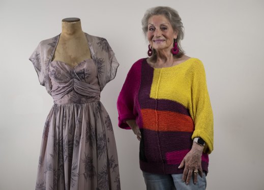 Gina Goldsmith wearing a dress worn by her late mother, Charlotte Blau.