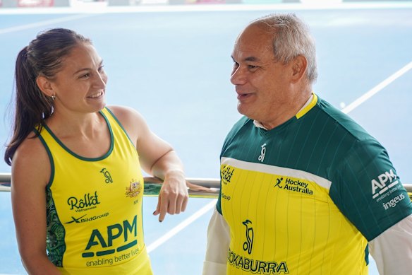 Hockeyroos player Jade Smith and Mayor Tom Tate at the Gold Coast Hockey Centre on Monday.