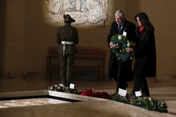 Chair of the Australian War Memorial Kerry Stokes and Christine Simpson Stokes lay a wreath at the Tomb of the Unknown Australian Soldier in Canberra in April.