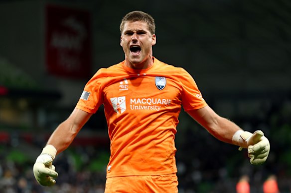 Harrison Devenish-Meares celebrates a win over Melbourne Victory this month.