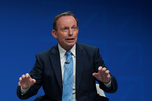 Former prime minister Tony Abbott speaking in the United Kingdom in October.