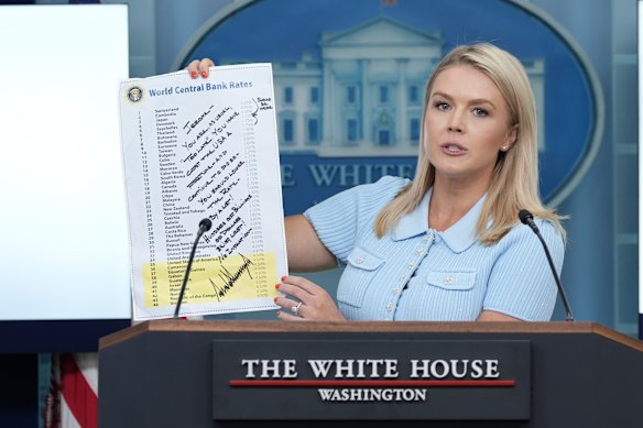 White House press secretary Karoline Leavitt holding up the note from Trump to Fed chair Jerome Powell written on a list of central bank rates worldwide, during Monday’s press briefing at the White House,