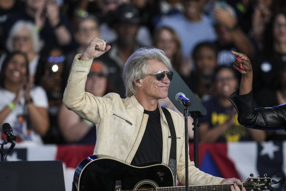 Jon Bon Jovi performs during a campaign rally for Democratic presidential nominee Kamala Harris in Charlotte.