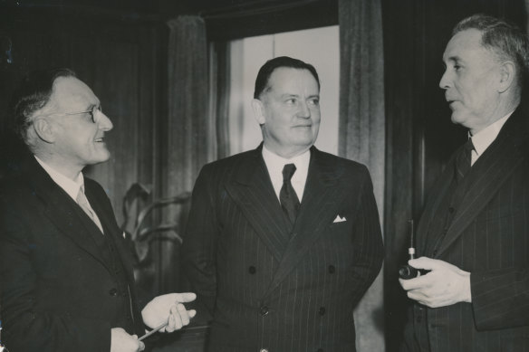 Three of the candidates nominated for the prime ministership of Australia. Ben Chifley won the leadership ballot, ending Forde’s time in the top job. [L-R]: Norman Makin, Frank Forde and Ben Chifley.
