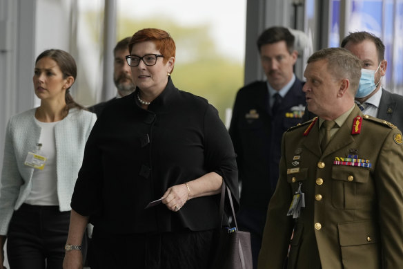 Australian Foreign Affairs Minister Marise Payne arrives for a meeting of NATO foreign ministers at NATO headquarters in Brussels. They are meeting to discuss how to bolster their support for Ukraine, including how to supply more weapons, without being drawn into a wider war with Russia. 