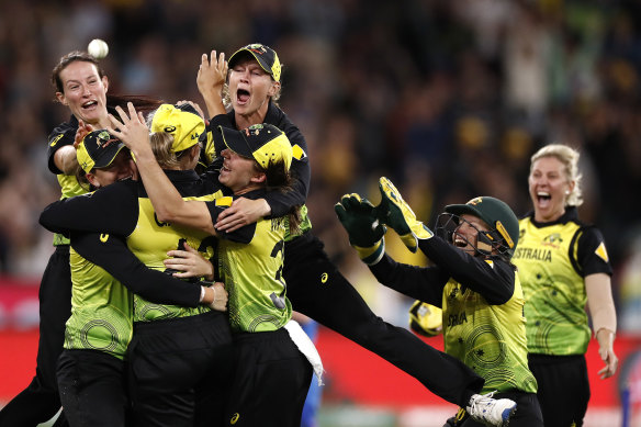 Meg Lanning’s Australian cricket team celebrate winning the Twenty20 World Cup.