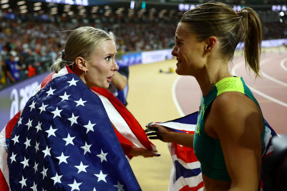 Australia’s Nina Kennedy (right) celebrates with American Katie Moon after they both won gold medals in the women’s pole vault in Budapest.