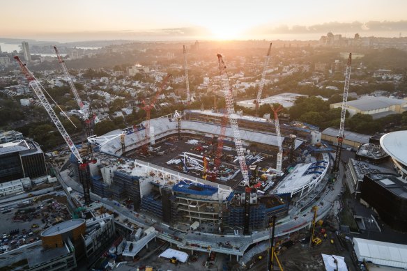 An aerial view of the construction of the new Sydney Football Stadium at Moore Park.