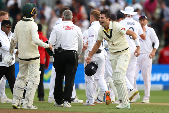 Nathan Lyon and Pat Cummins celebrate Australia’s stirring first Test triumph.