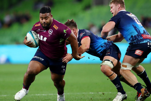Taniela Tupou of the Reds runs with the ball during the round nine Super Rugby Pacific match.