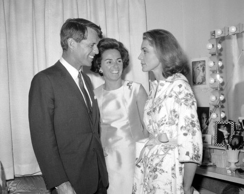 Robert and Ethel Kennedy visit Lauren Bacall, backstage after a performance of “Cactus Flower” at the Royale Theater on Broadway in 1966.