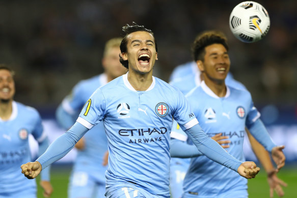 City’s Stefan Colakovski celebrates after scoring in their demolition of  Melbourne Victory.