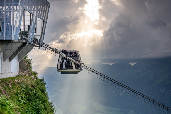 Cabrio cableway at the mountain station Stanserhorn.