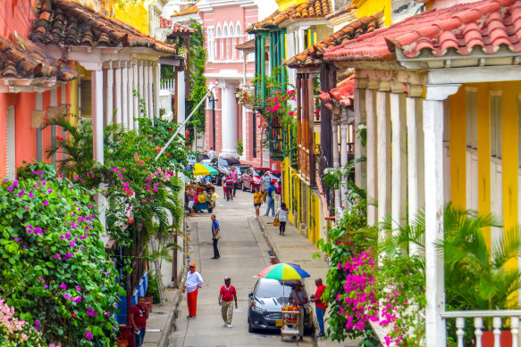 Vibrant streets of walled city Cartagenca in Colombia.