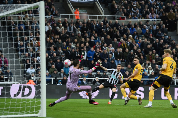 Miguel Almiron scores for Newcastle.