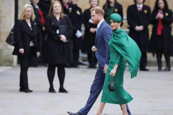 Britain’s Prince Harry and Meghan, Duchess of Sussex arrive to attend the annual Commonwealth Day service at Westminster Abbey in London, Monday, March 9, 2020.