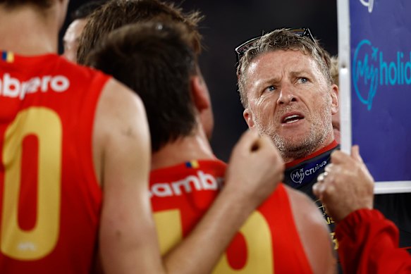 Damien Hardwick addresses his players in Gold Coast’s historica finals victory over Fremantle.