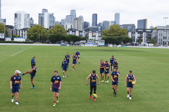The Lions train at Port Melbourne on Monday.