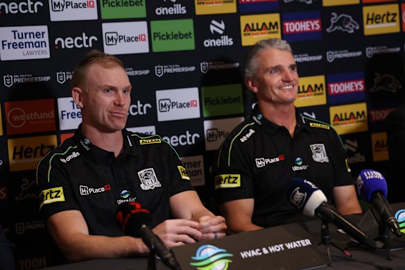 Incoming Penrith coach Peter Wallace with Ivan Cleary at Wednesday’s announcement.