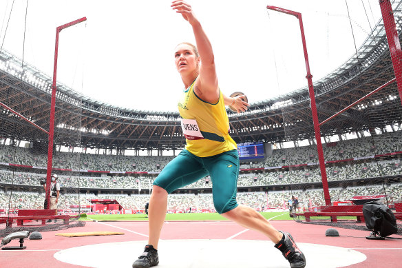 Dani Stevens competes in the women’s discus throw qualifier in Tokyo on Saturday.