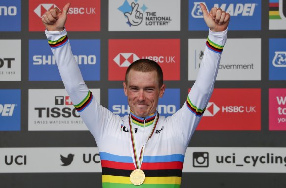 Rohan Dennis after winning the men's individual time trial at the world road cycling championships in Harrogate on Wednesday.