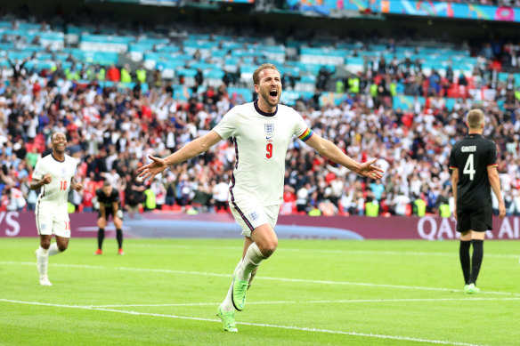 Harry Kane celebrates after scoring England’s second goal.