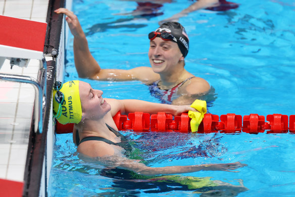 Ariarne Titmus after beating Katie Ledecky in the women’s 400m freestyle final at the Tokyo Olympics. 