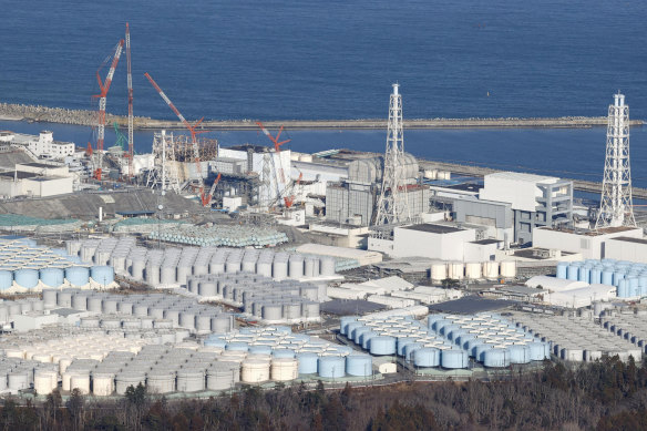 An aerial view shows the storage tanks for treated water at the tsunami-crippled Fukushima Daiichi nuclear power plant in Okuma town, Fukushima prefecture, Japan.