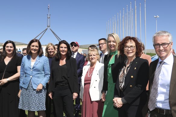 Coalition politicians Sarah Henderson, Angie Bell, Jane Hume, Luke Howarth, Michelle Landry, Zed Seselja, Bridget McKenzie, Dr Anne Webster and Gerard Rennick at the Women’s March 4 Justice in Canberra.