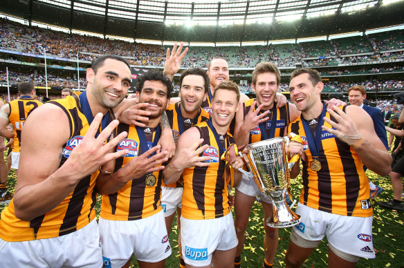 The final stage of the Hawthorn dynasty in 2015. Pictured from left: Shaun Burgoyne, Cyril Rioli, Jordan Lewis, Jarryd Roughead, Sam Mitchell, Grant Birchall, and Luke Hodge.
