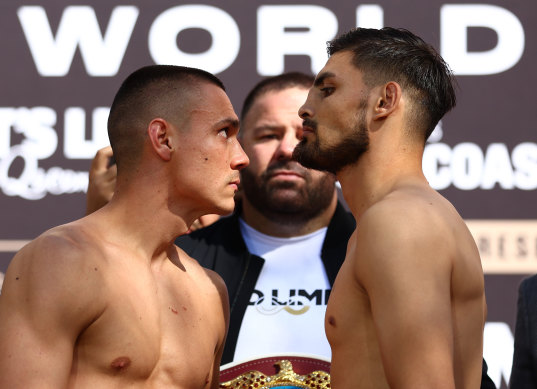 Tim Tszyu and Carlos Ocampo face off during the official weigh-in on the Gold Coast on Saturday.