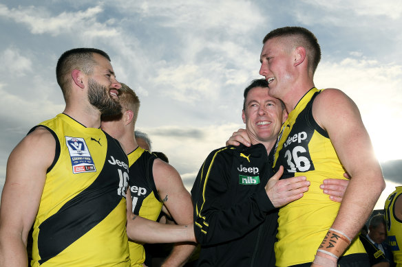 Mav Weller (left) played under Craig McRae (second from right).