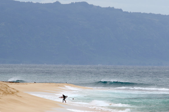 A surfer walks out of the ocean on Oahu's North Shore near Haleiwa, Hawaii.