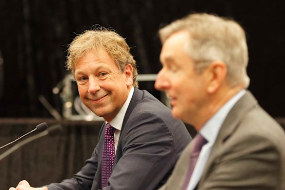 Rio Tinto CEO Jakob Stausholm (left)  and Chairman Simon Thompson at their May 2021 AGM in Perth.