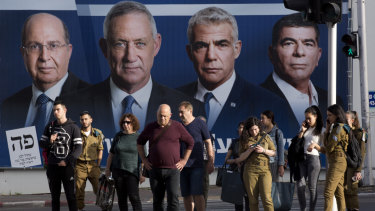 A Blue and White billboard showing, from left, Moshe Yaalon, Benny Gantz, Yair Lapid and Gabi Ashkenazi.