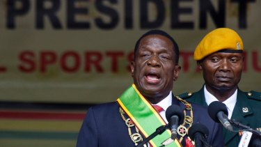  Zimbabwe's President Emmerson Mnangagwa speaks after being sworn in at the presidential inauguration ceremony in Harare in November 2107.