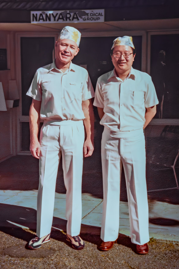 Dr Chan (right) with then-colleague
Dr Bob Short outside their Perth clinic in the 1980s. He remembers protesters entering the waiting room, “preaching to the patients”.