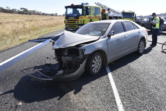 A crash on the Monaro Highway in 2015. The ACT road toll has been falling for the last 30 years. 