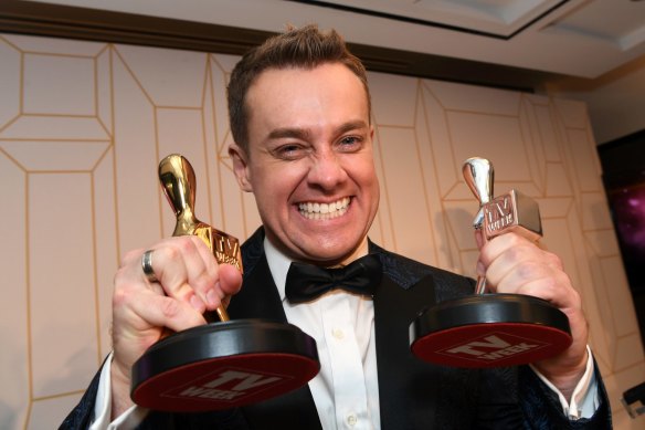Grant Denyer with his Gold and Silver Logies last year.