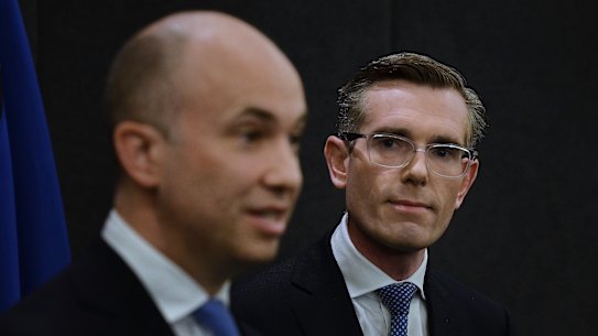 NSW Premier Dominic Perrottet (right) and NSW Treasurer Matt Kean (left) on the day Matt Kean was announced as the NSW Liberal Deputy Leader at NSW Parliament. Sydney, NSW. 9th August, 2022. Photo: Kate Geraghty 