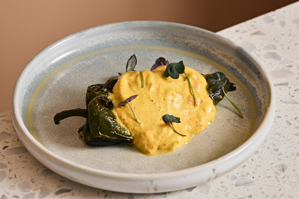 Chile relleno (poblano chilli stuffed with shiitake picadillo over mole verde).