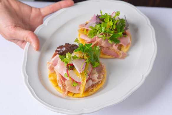Humble ingredients become heroes in chickpea pancakes with sliced ​​pig's head terrine.