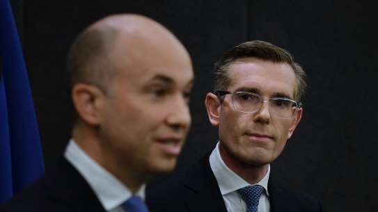 NSW Premier Dominic Perrottet (right) and NSW Treasurer Matt Kean (left) on the day Matt Kean was announced as the NSW Liberal Deputy Leader at NSW Parliament. Sydney, NSW. 9th August, 2022. Photo: Kate Geraghty
