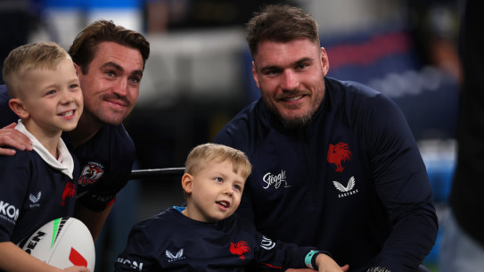 Angus Crichton posing for fans before watching the Roosters play the Eels in round five.