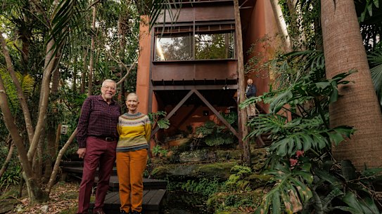 Judith and Brian Preston, chief judge of the Land and Environment Court, and their architect Glenn Murcutt, almost 90 years old, at their house which he designed in the Sydney suburb of St Ives for, which was completed in 1992.