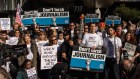 Striking workers outside Nine’s offices in Melbourne on Friday.
