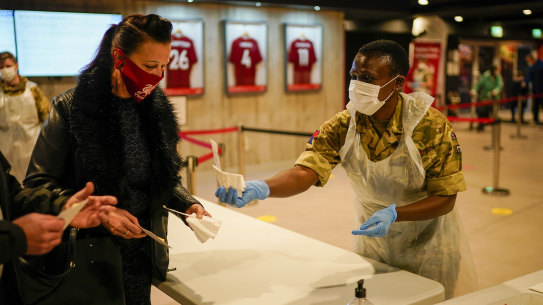 Gunners from the Royal Artillery operate a COVID-19 testing centre at Anfield, the home stadium of Premier League club Liverpool.