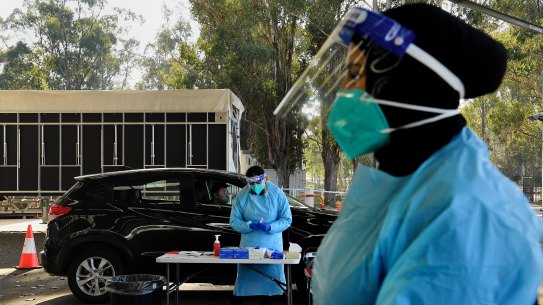 A drive-through coronavirus testing site at Fairfield in Sydney’s west.